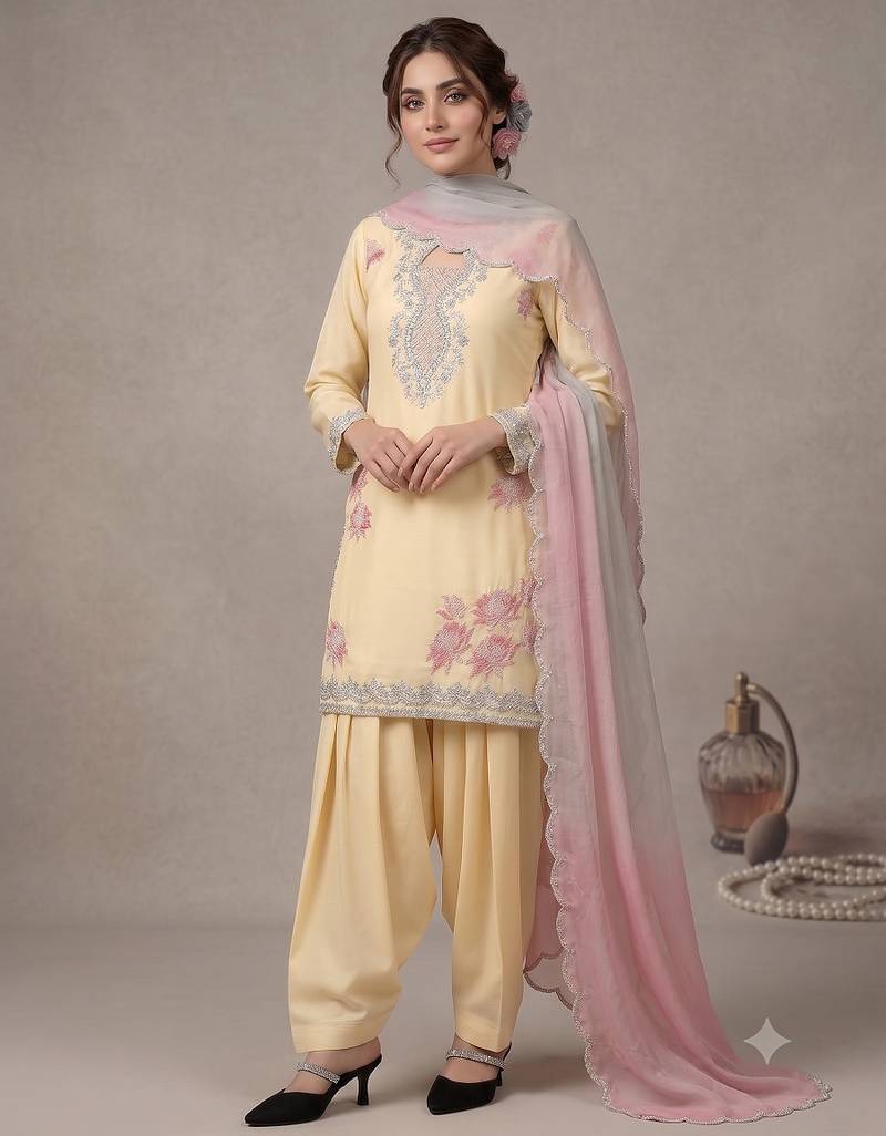 Women's yellow embroidered kurti with farshi pant and pink dupatta set