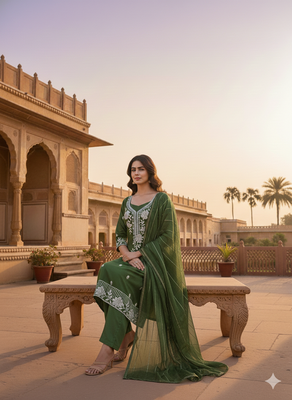 green embroidered roman silk pv chanderi unstitched dress material  2