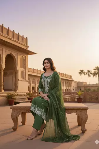 green embroidered roman silk pv chanderi unstitched dress material 
