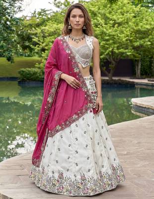 Women's White & Pink Chiffon Beads with Embroidered Lehenga Choli with Dupatta 1