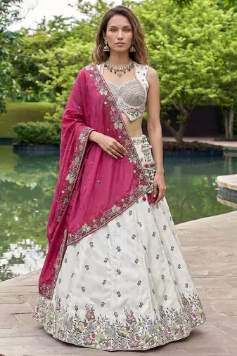 Women's White & Pink Chiffon Beads with Embroidered Lehenga Choli with Dupatta