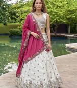 Women's White & Pink Chiffon Beads with Embroidered Lehenga Choli with Dupatta
