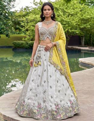 Women's Grey & Mustard Chiffon Beads with Embroidered Lehenga Choli with Dupatta 1