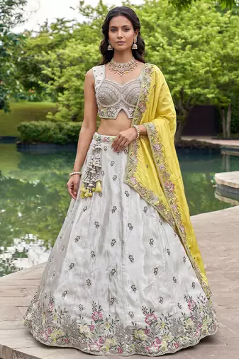 Women's Grey & Mustard Chiffon Beads with Embroidered Lehenga Choli with Dupatta