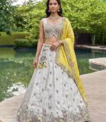 Women's Grey & Mustard Chiffon Beads with Embroidered Lehenga Choli with Dupatta