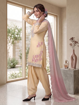 Women's yellow embroidered kurti with farshi pant and pink dupatta set 2