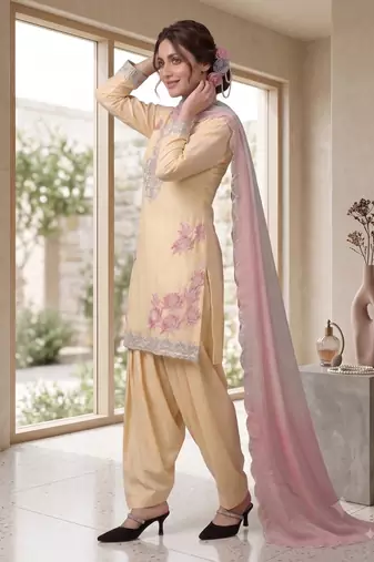 Women's yellow embroidered kurti with farshi pant and pink dupatta set