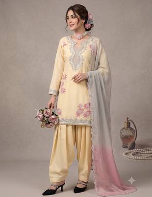 Women's yellow embroidered kurti with farshi pant and pink dupatta set 2
