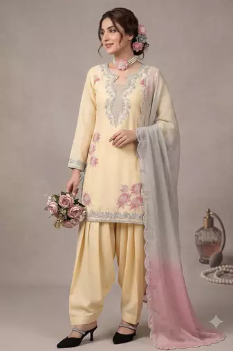 Women's yellow embroidered kurti with farshi pant and pink dupatta set