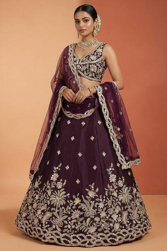 Women's Wine Tissue Beads with Embroidered Lehenga Choli with Dupatta