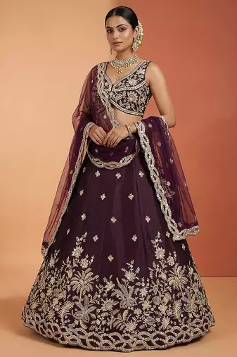 Women's Wine Tissue Beads with Embroidered Lehenga Choli with Dupatta