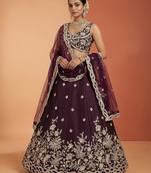 Women's Wine Tissue Beads with Embroidered Lehenga Choli with Dupatta