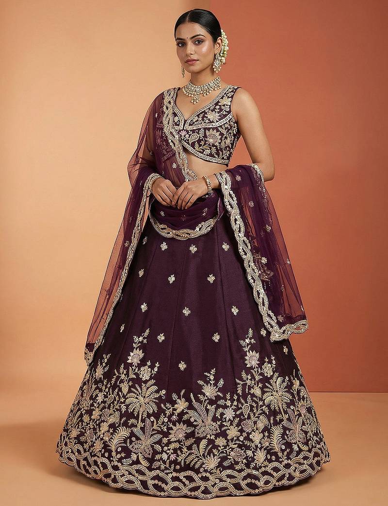 Women's Wine Tissue Beads with Embroidered Lehenga Choli with Dupatta
