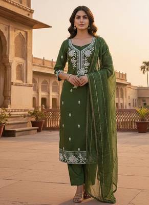 green embroidered roman silk pv chanderi unstitched dress material  3