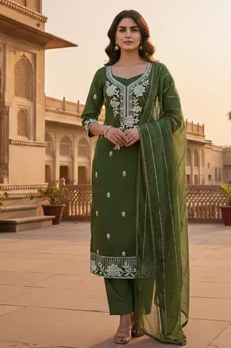 green embroidered roman silk pv chanderi unstitched dress material 