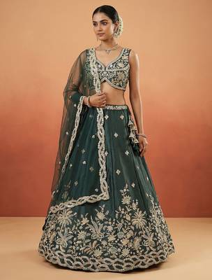 Women's Dark Green Tissue Beads with Embroidered Lehenga Choli with Dupatta 4