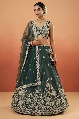 Women's Dark Green Tissue Beads with Embroidered Lehenga Choli with Dupatta
