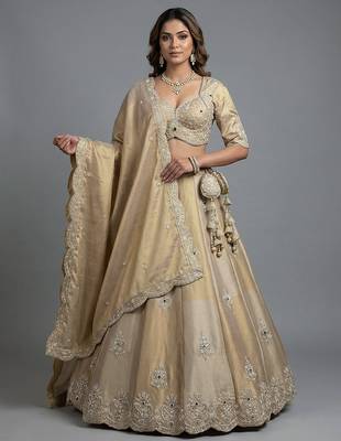 Women's Golden Silk Tissue Beads with Embroidered Lehenga Choli with Dupatta 1
