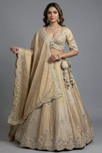 Women's Golden Silk Tissue Beads with Embroidered Lehenga Choli with Dupatta