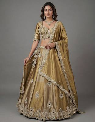 Women's Beige Gold Tissue Beads with Embroidered Lehenga Choli with Dupatta 1