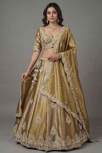 Women's Beige Gold Tissue Beads with Embroidered Lehenga Choli with Dupatta