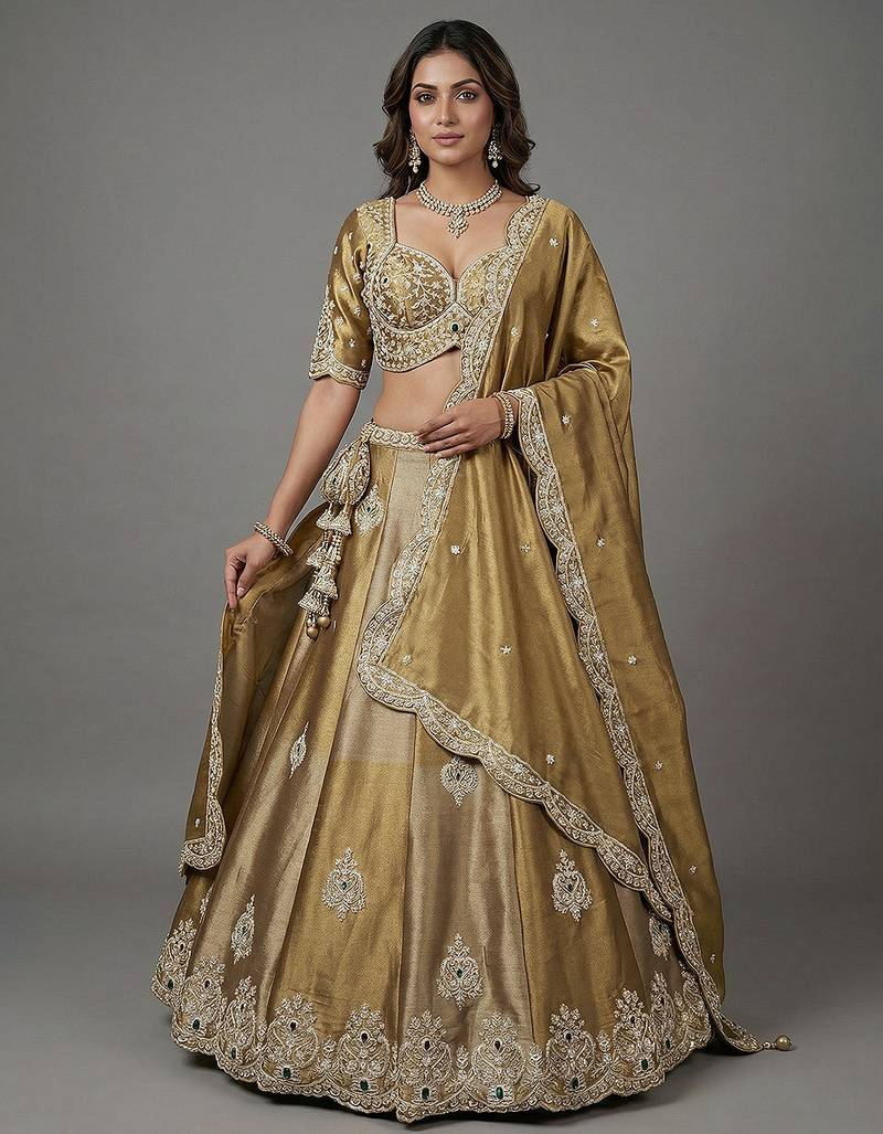 Women's Beige Gold Tissue Beads with Embroidered Lehenga Choli with Dupatta