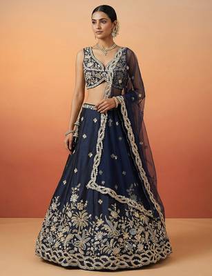 Women's Dark Blue Tissue Beads with Embroidered Lehenga Choli with Dupatta 1