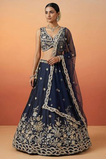 Women's Dark Blue Tissue Beads with Embroidered Lehenga Choli with Dupatta