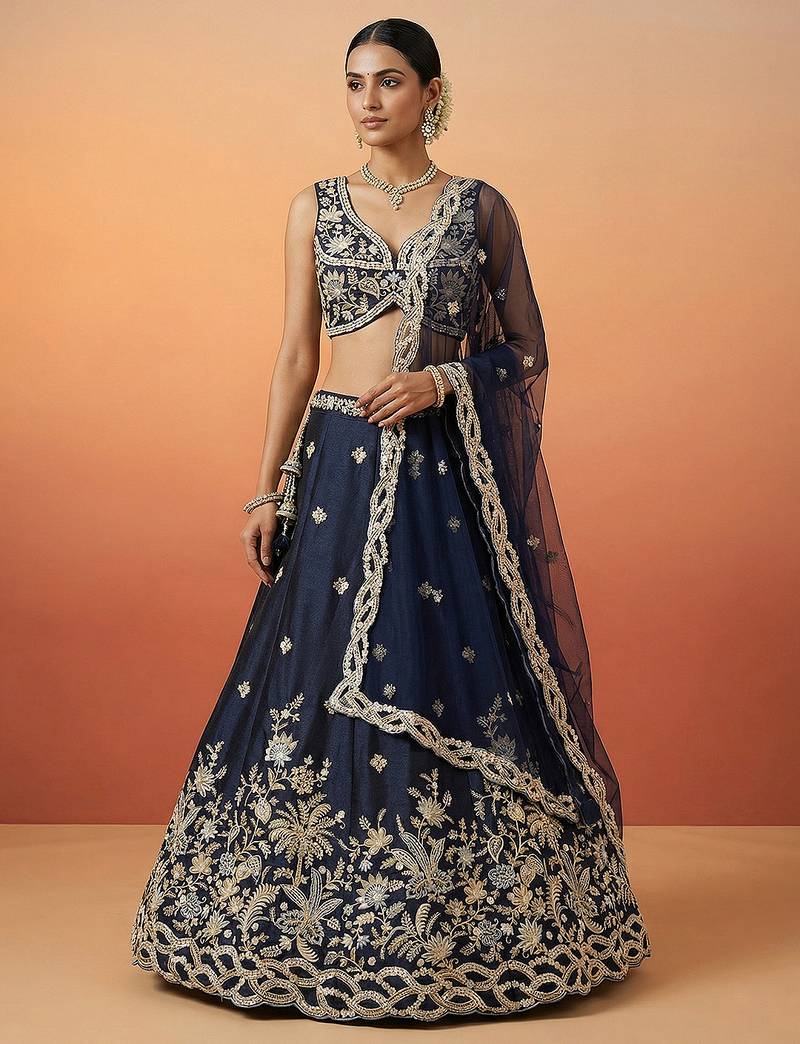 Women's Dark Blue Tissue Beads with Embroidered Lehenga Choli with Dupatta