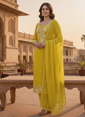 yellow embroidered roman silk pv chanderi unstitched dress material  1