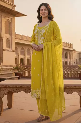 yellow embroidered roman silk pv chanderi unstitched dress material 