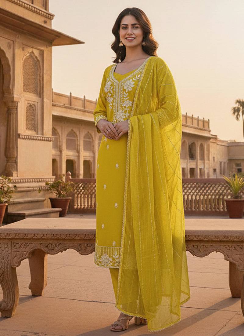 yellow embroidered roman silk pv chanderi unstitched dress material 