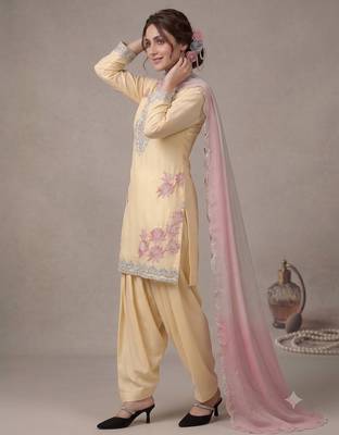 Women's yellow embroidered kurti with farshi pant and pink dupatta set 3