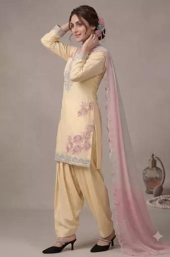 Women's yellow embroidered kurti with farshi pant and pink dupatta set