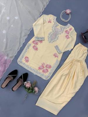 Women's yellow embroidered kurti with farshi pant and pink dupatta set 4
