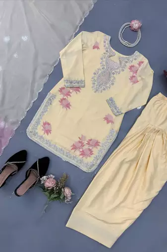 Women's yellow embroidered kurti with farshi pant and pink dupatta set