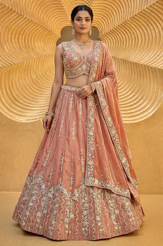 Women's Rust Chiffon Beads with Embroidered Lehenga Choli with Dupatta