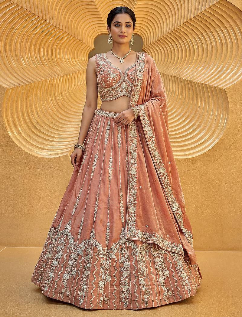 Women's Rust Chiffon Beads with Embroidered Lehenga Choli with Dupatta