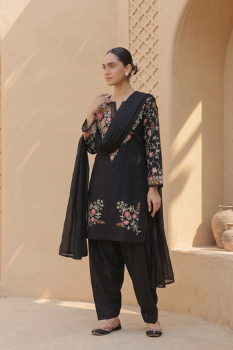 Party wear black silk BLEND  kurti set with embroidered farshi bottom & dupatta