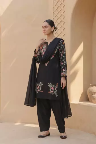 Party wear black silk BLEND  kurti set with embroidered farshi bottom & dupatta