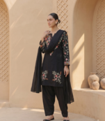 Party wear black silk BLEND  kurti set with embroidered farshi bottom & dupatta