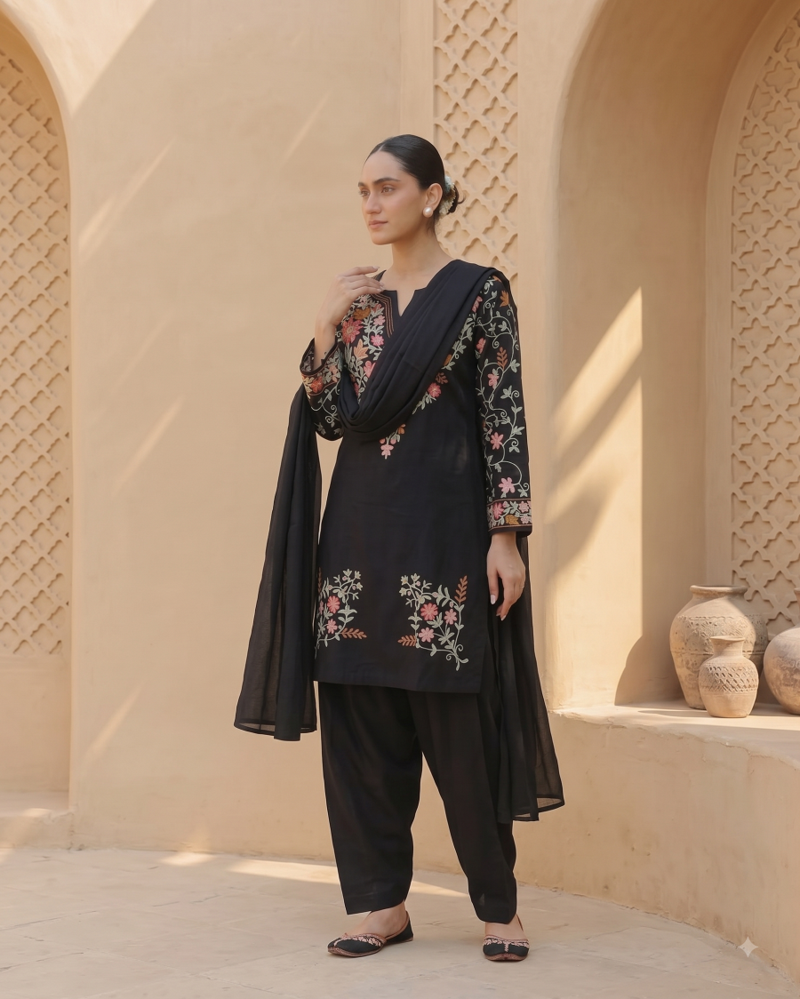 Party wear black silk BLEND  kurti set with embroidered farshi bottom & dupatta