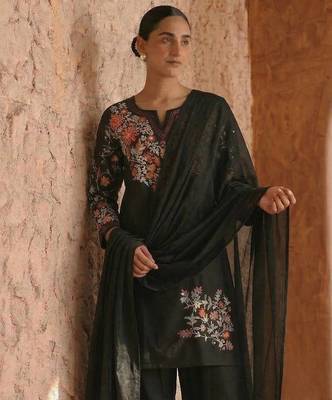 Party wear black silk BLEND  kurti set with embroidered farshi bottom & dupatta 1