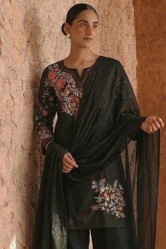Party wear black silk BLEND  kurti set with embroidered farshi bottom & dupatta