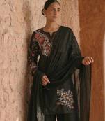 Party wear black silk BLEND  kurti set with embroidered farshi bottom & dupatta