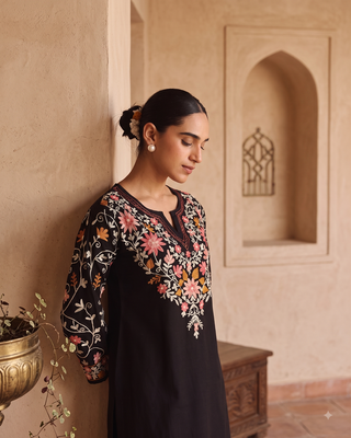 Party wear black silk BLEND  kurti set with embroidered farshi bottom & dupatta 2