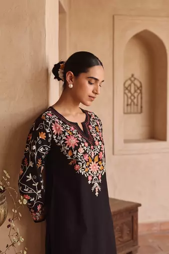Party wear black silk BLEND  kurti set with embroidered farshi bottom & dupatta