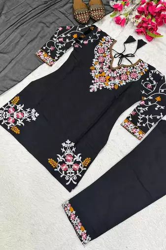 Party wear black silk BLEND  kurti set with embroidered farshi bottom & dupatta
