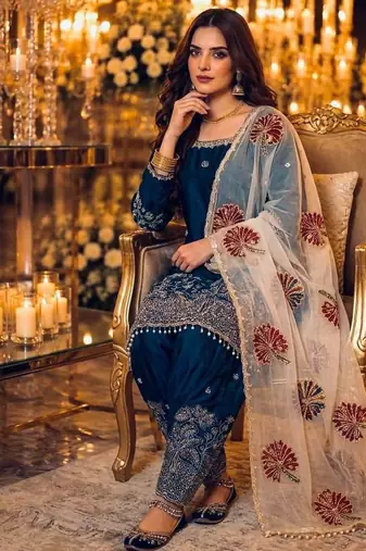 Party wear zari embroidered kurti with matching farshi pant set