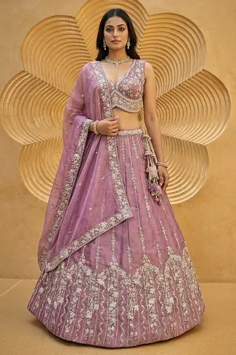 Women's Pink Chiffon Beads with Embroidered Lehenga Choli with Dupatta